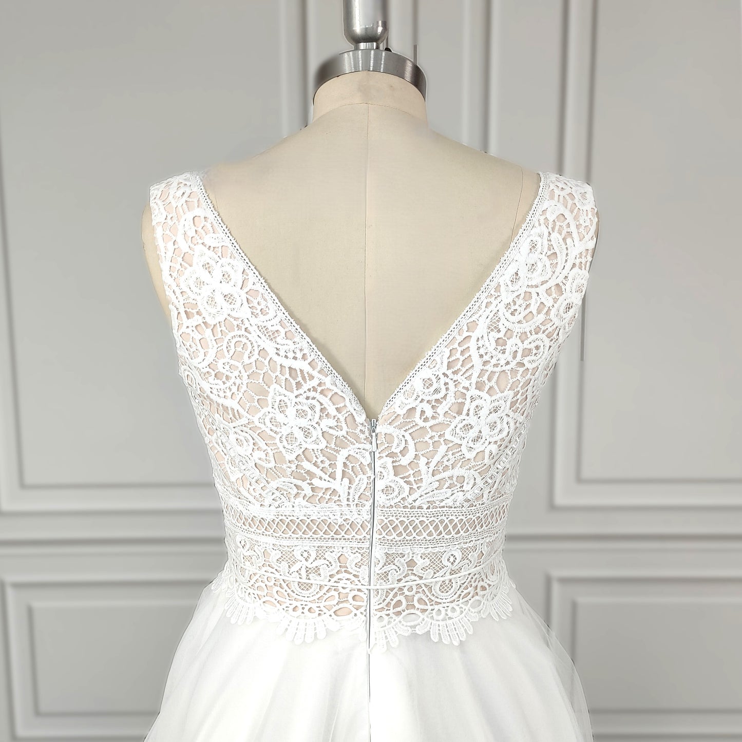 Bohemian-Luxe Crochet Lace Wedding Dress with Ethereal Tulle Skirt and Tassel