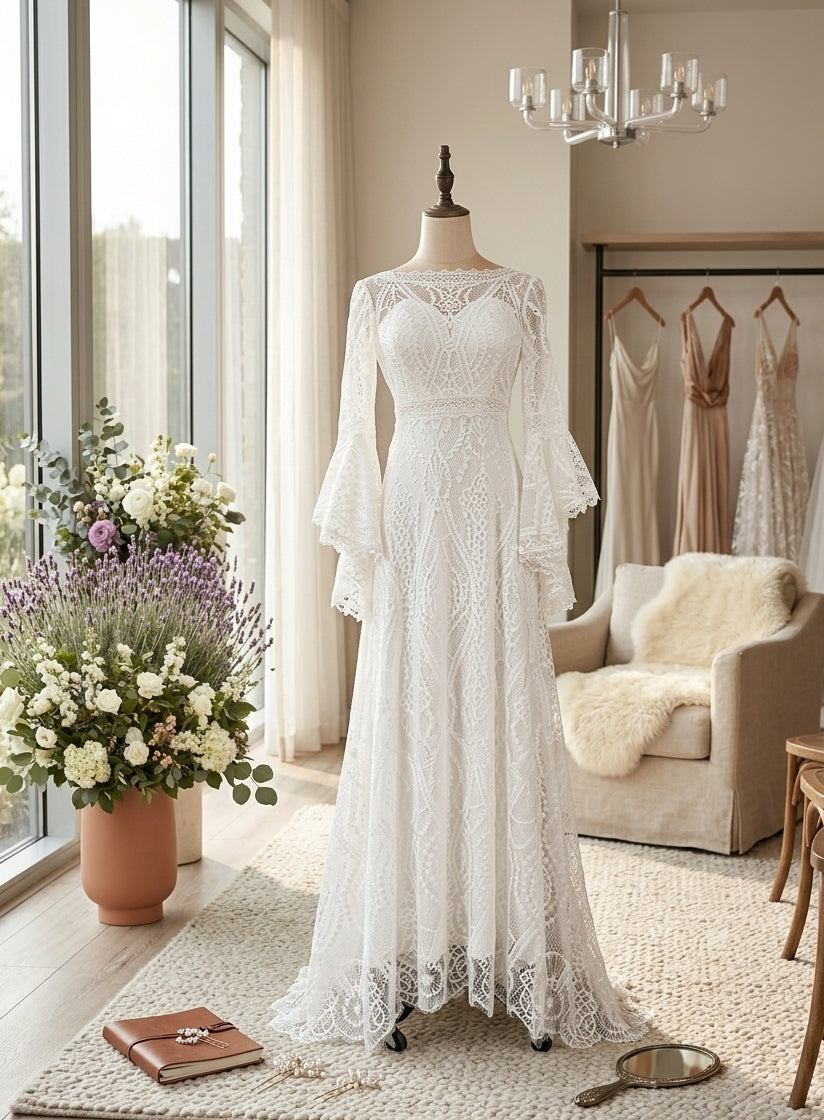 Vintage Bell-Sleeve Geometric Lace Gown