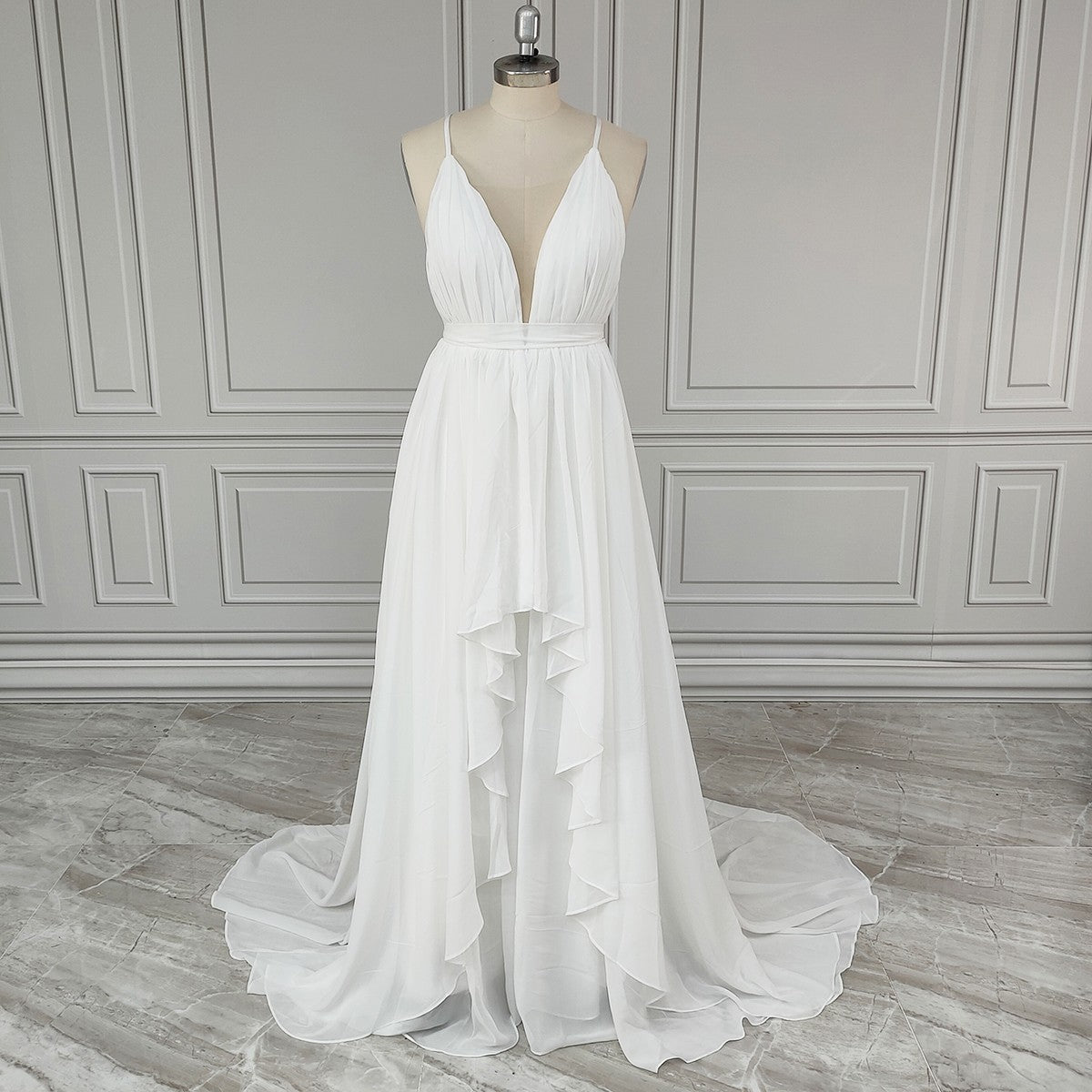 Chiffon V-Neck High-Low Bridal Gown