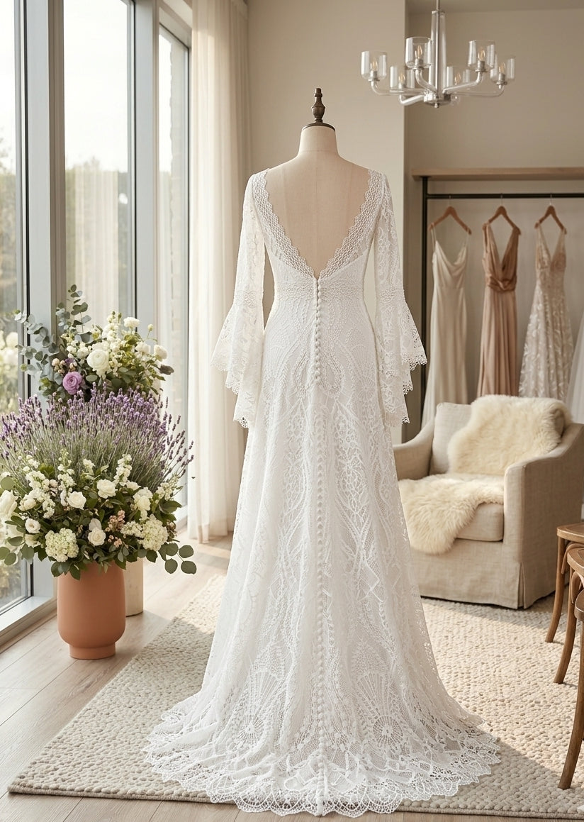 Vintage Bell-Sleeve Geometric Lace Gown