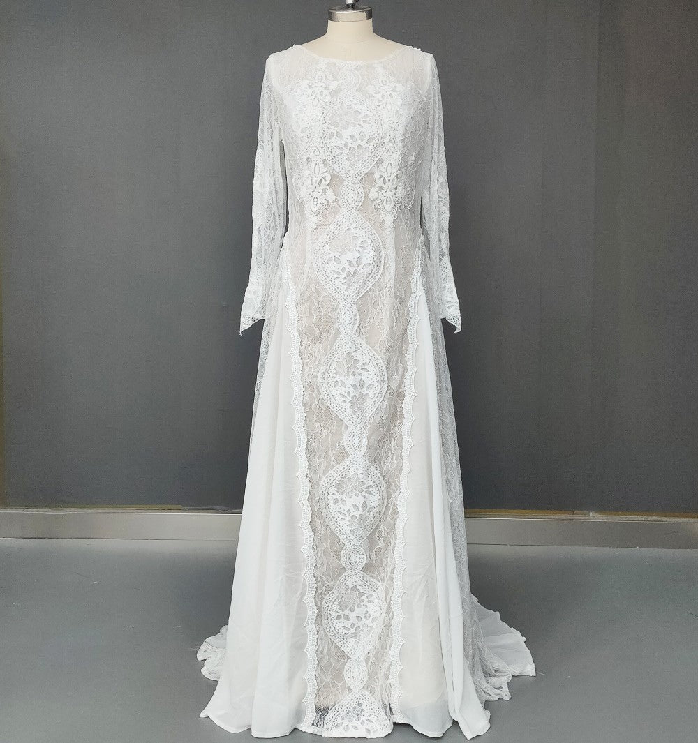 Ethereal Bohemian Long-Sleeve Lace Gown with Medallion Motif