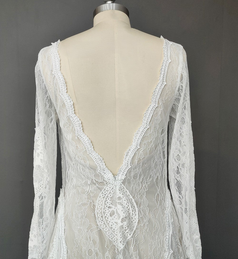 Ethereal Bohemian Long-Sleeve Lace Gown with Medallion Motif