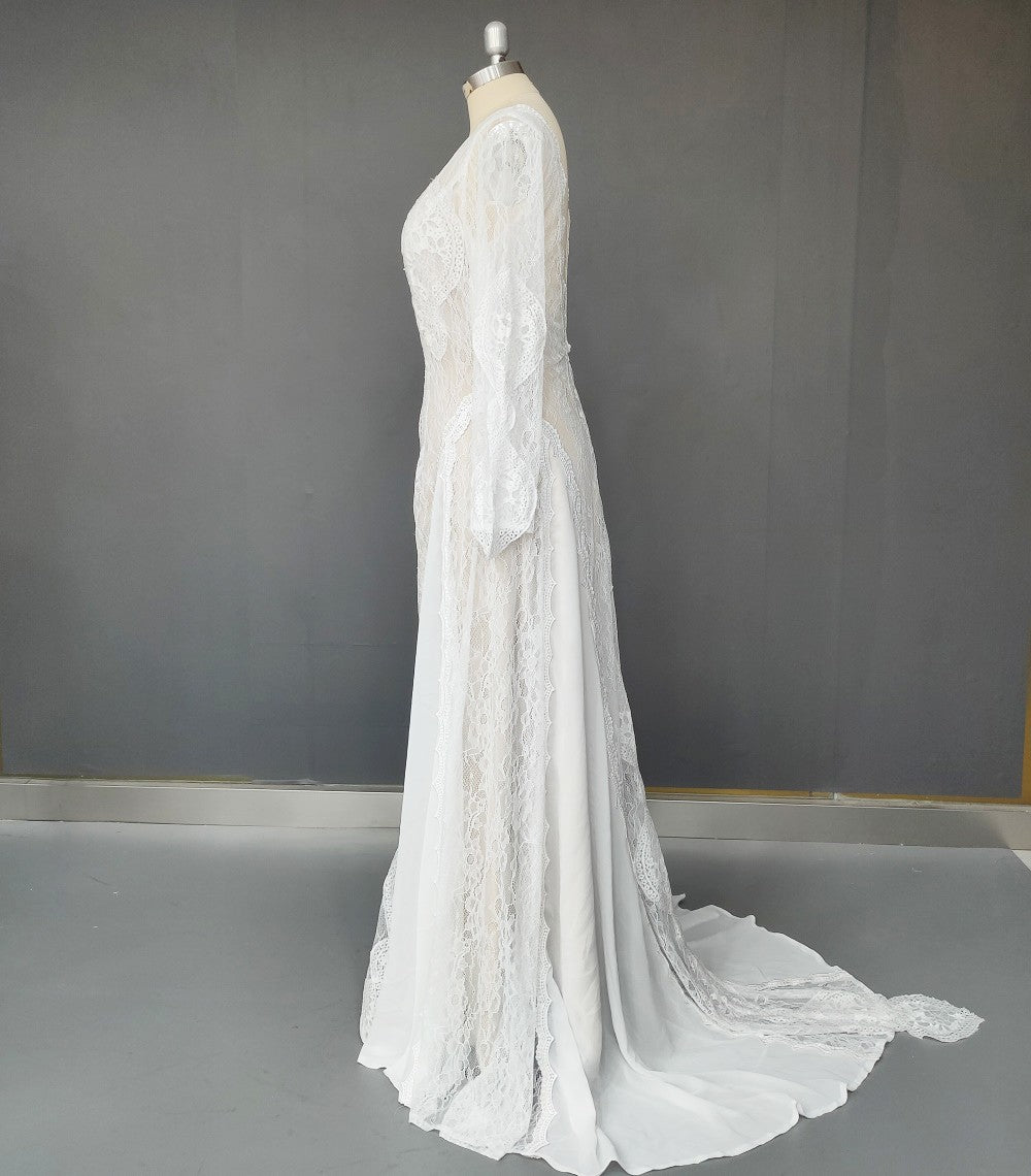 Ethereal Bohemian Long-Sleeve Lace Gown with Medallion Motif