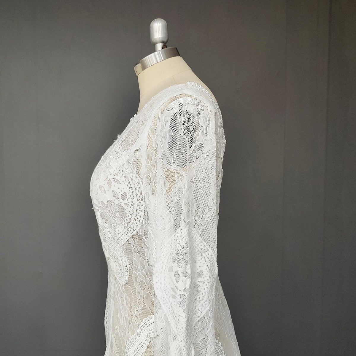 Ethereal Bohemian Long-Sleeve Lace Gown with Medallion Motif