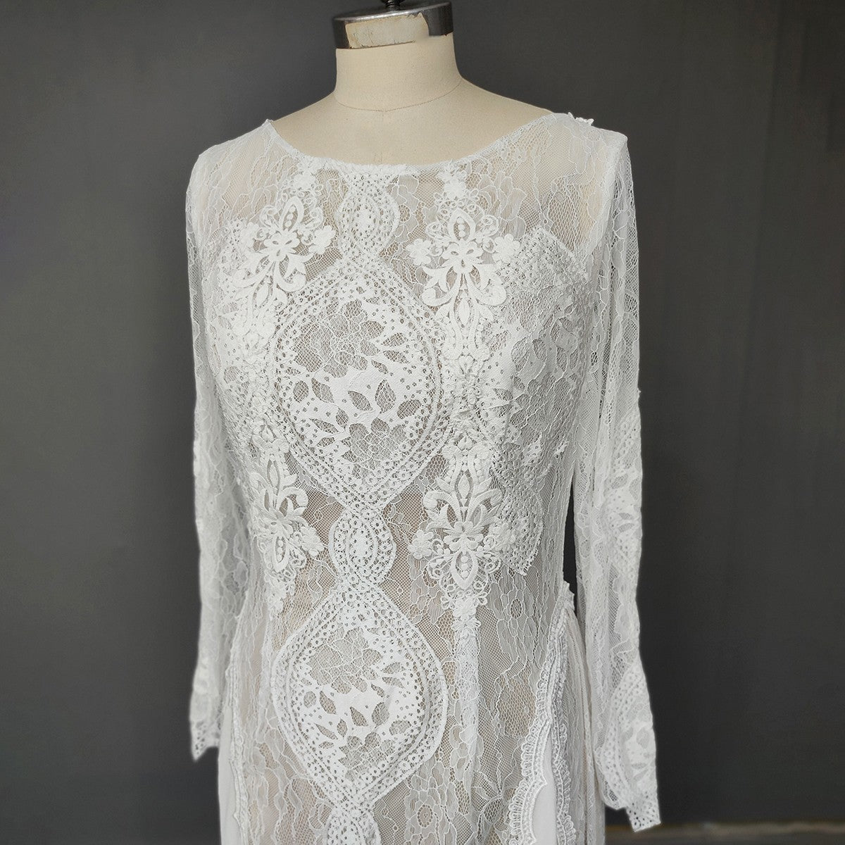 Ethereal Bohemian Long-Sleeve Lace Gown with Medallion Motif