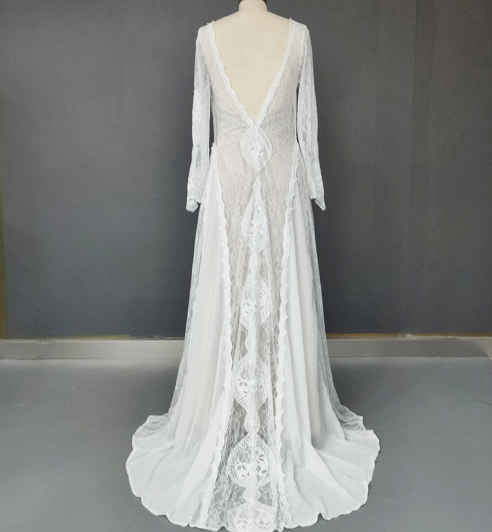 Ethereal Bohemian Long-Sleeve Lace Gown with Medallion Motif
