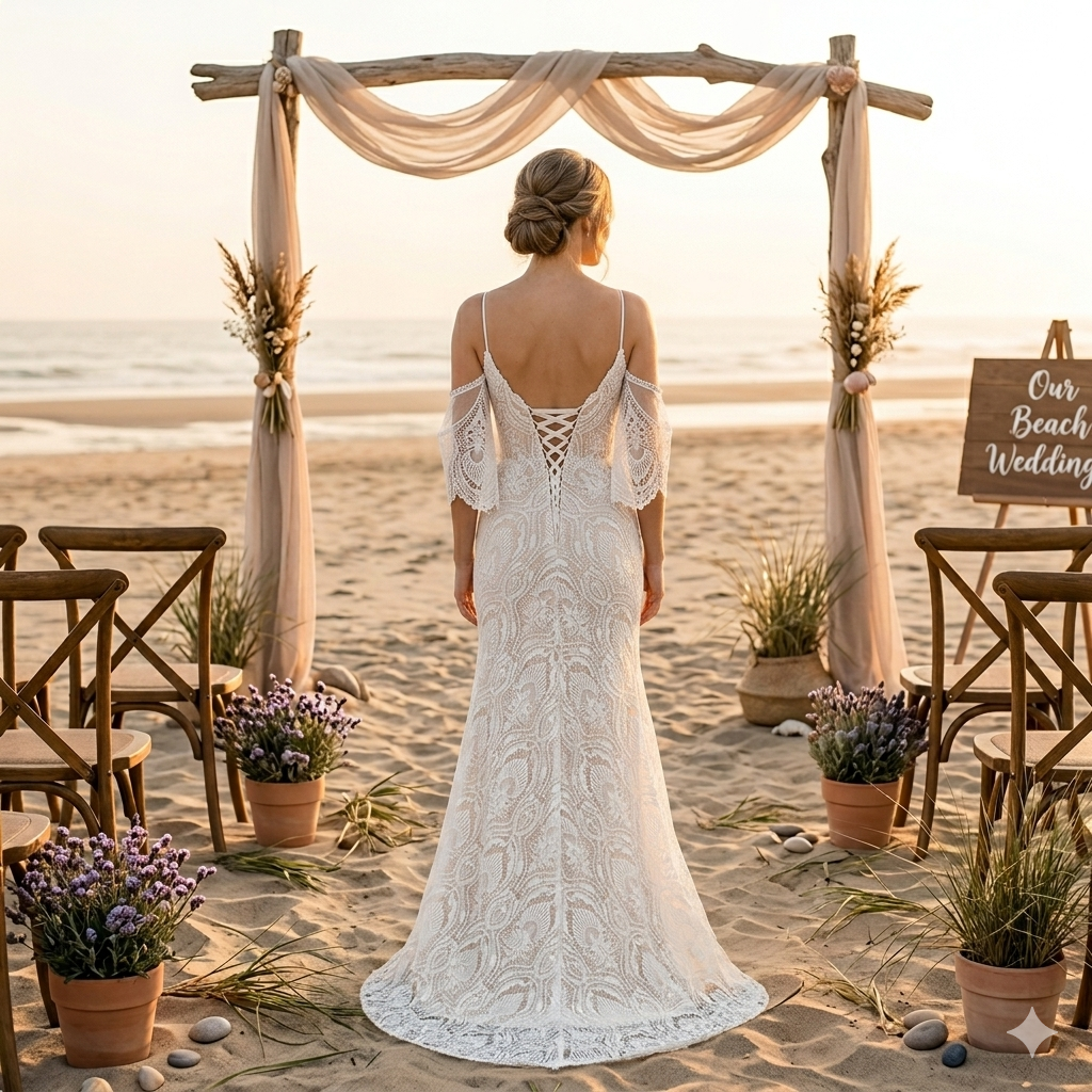 Geometric Fan Lace Mermaid Gown with Corset Back and Flutter Sleeves