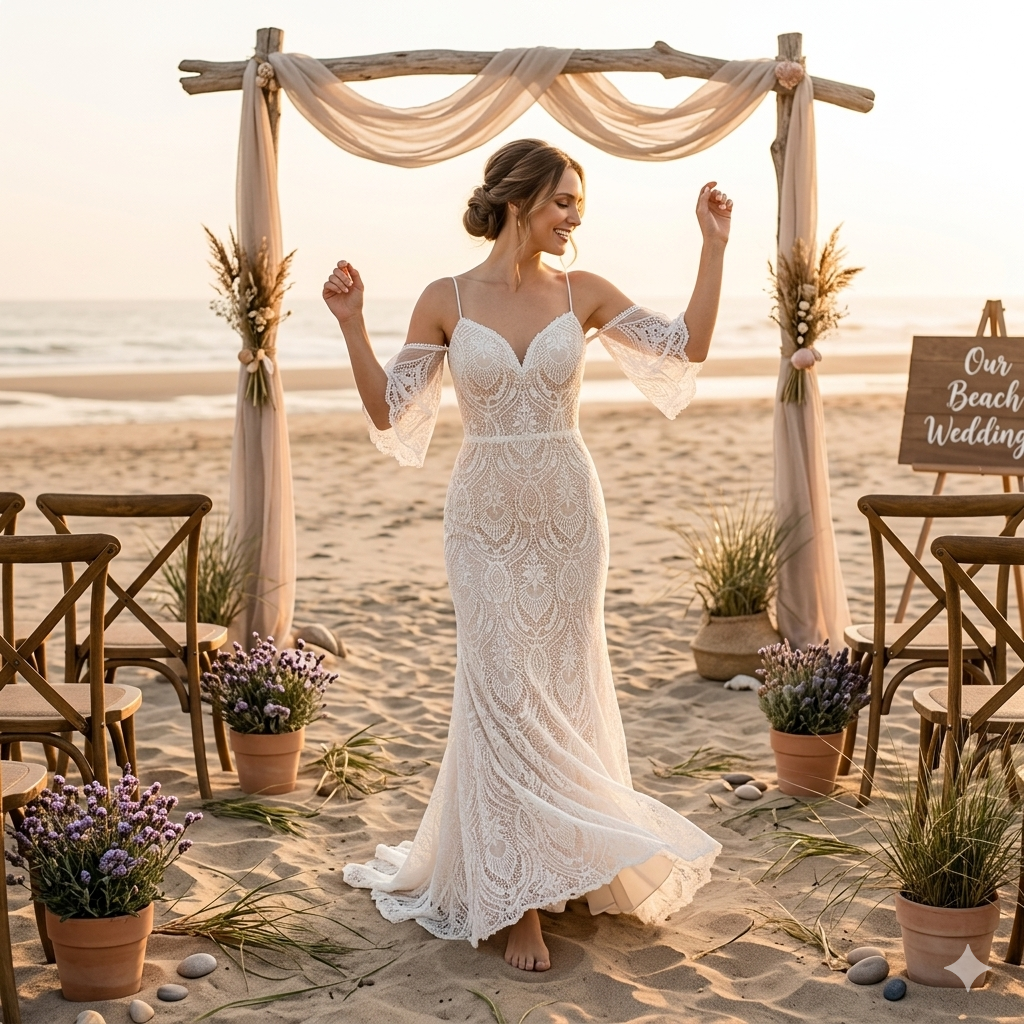 Geometric Fan Lace Mermaid Gown with Corset Back and Flutter Sleeves