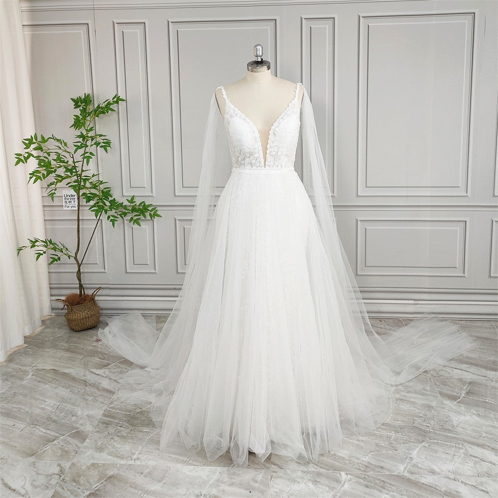 Elara Ethereal Cape-Sleeve Gown