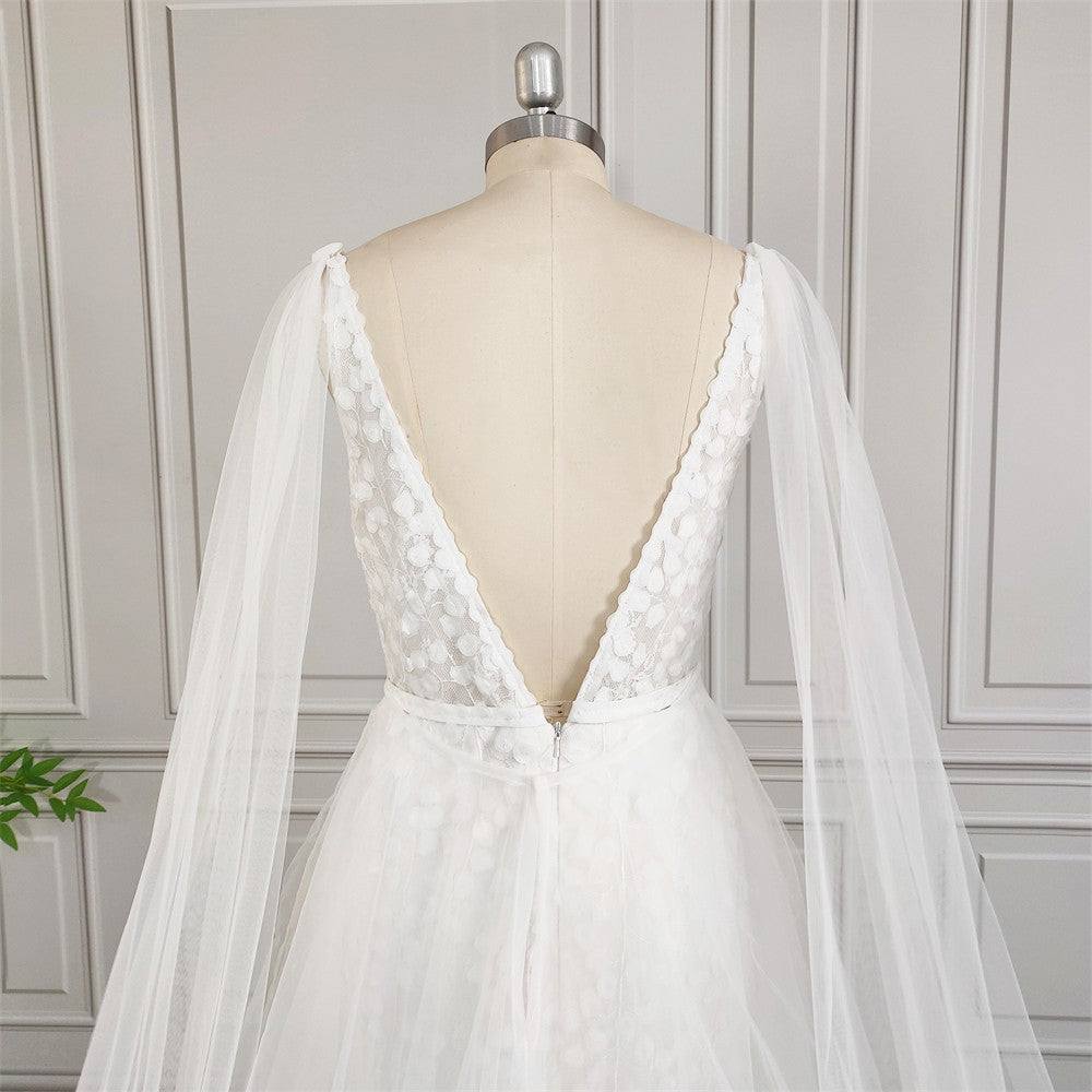 Elara Ethereal Cape-Sleeve Gown